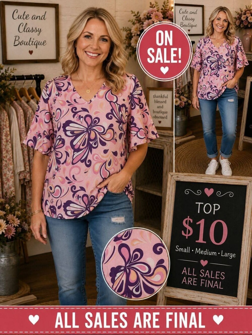 Women's Pink Floral V-Neck Short Sleeve Top
